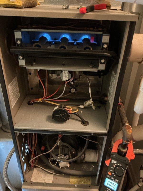 Responded to no-heat call for furnace that was starting but not maintaining operation. Performed diagnostics with multimeter on electrical components and identified low voltage issue. Successfully repaired the system by cleaning flame sensor and verifying proper gas burner ignition, restoring normal heating operation to meet thermostat demand.