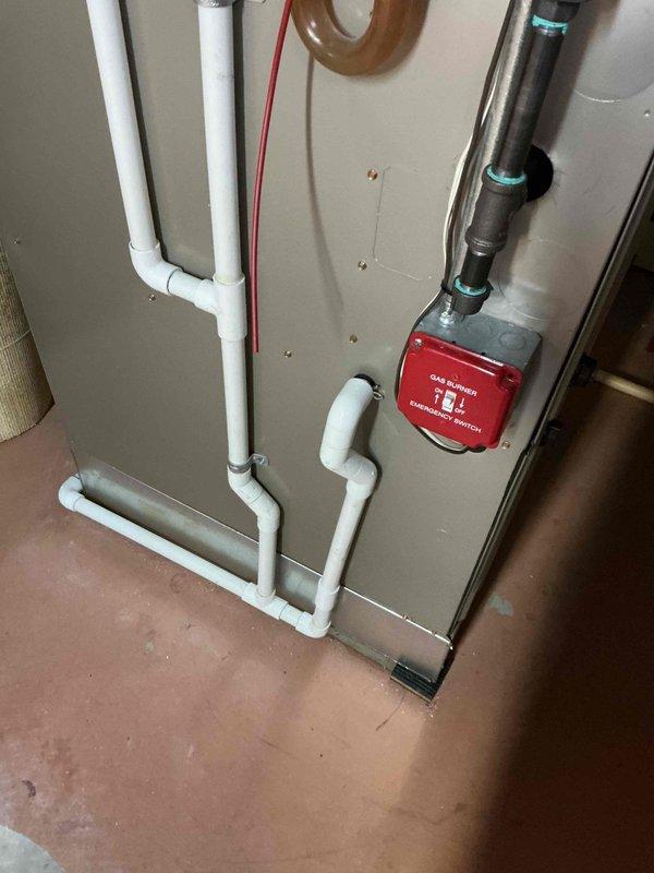 Responded to service call for furnace violation and thermostat error message. Located parts previously ordered under PO: 1298153-001 and installed them to correct the code violation. Inspected refrigerant leak detection system and verified proper operation of control board. Checked gas line connections and emergency shutoff valve functionality. System now operating within specifications with no error codes present on thermostat.