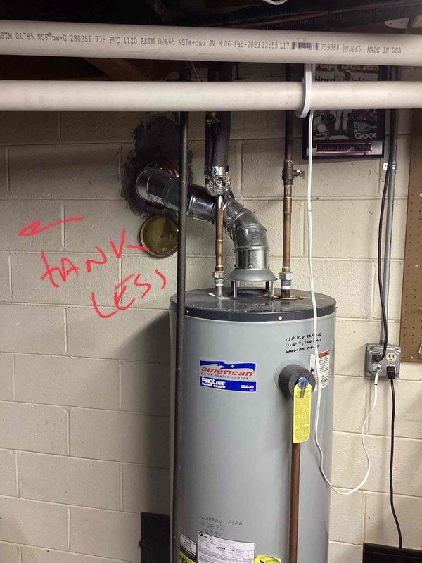 Conducted assessment of non-functioning tanked water heater in basement for potential replacement with tankless unit. Current system operates on natural gas and shows signs of performance issues. Recommended conversion to tankless water heater system to improve efficiency and reliability.