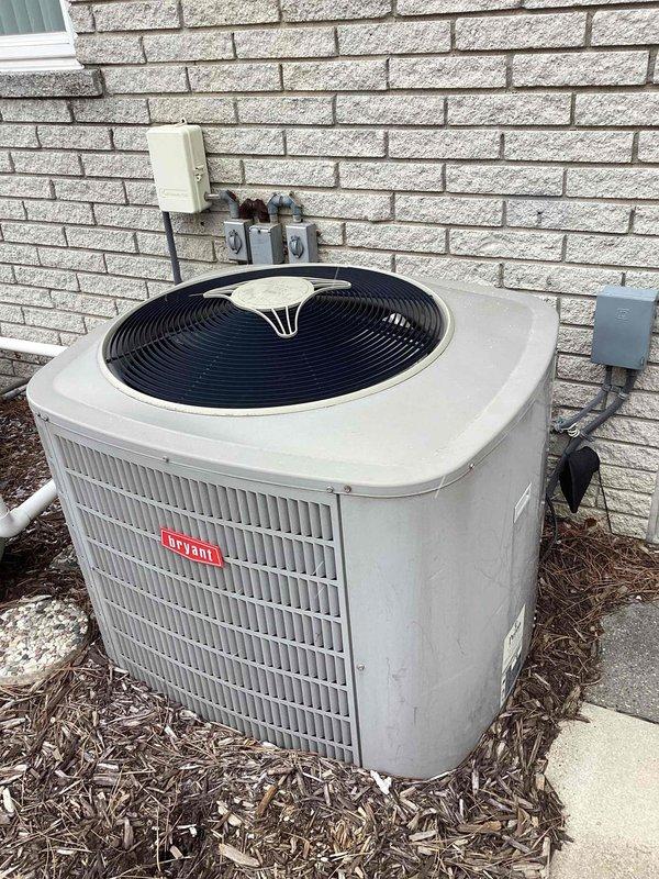 Performed diagnostic on 12-year-old Bryant furnace that would not turn on, located in basement. Identified need for complete system replacement. Additionally, noted leaking piping around hot water tank requiring repair during furnace installation. Inspected electrical panel and outdoor condenser unit to ensure compatibility with proposed replacement system.