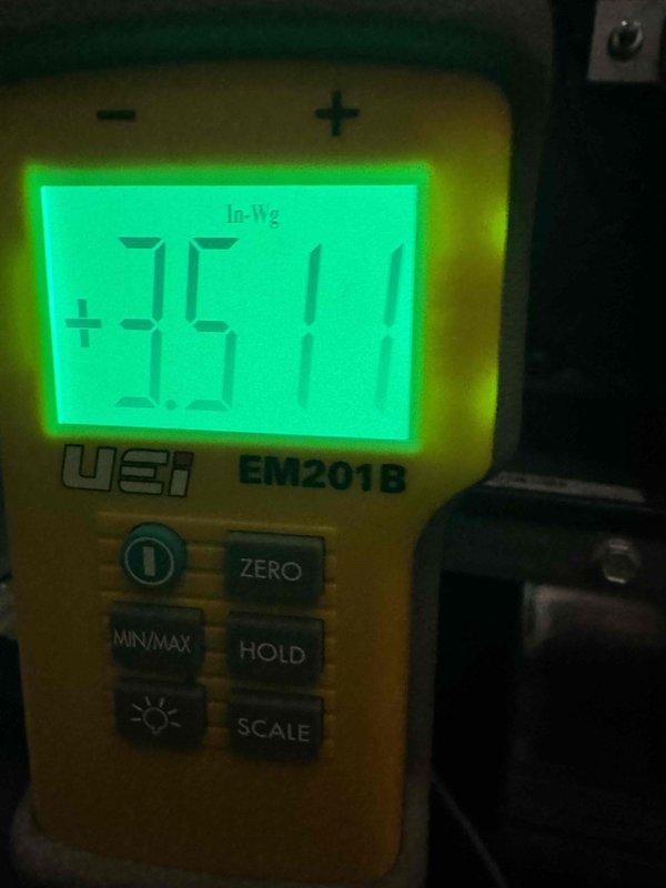 Successfully installed a complete HVAC system including a 70,000 BTU furnace, 2-ton air conditioning unit, S40 thermostat, and 500M humidifier with pump. Performed pressure testing with UEi EM201B manometer, confirming proper system pressurization with readings of 0.34 In-Wg and 35.11 In-Wg at measurement points. System installation completed with all electrical connections and mechanical components properly secured.