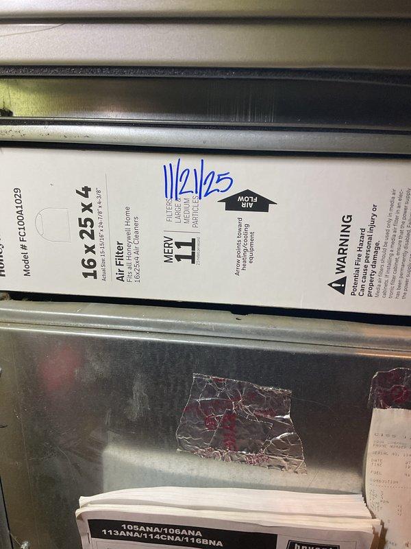 Completed Gold Furnace Inspection on forced air system located in basement. Performed routine maintenance using standard HVAC tools, inspected system components for proper operation. Confirmed MERV 11 air filter (Model # FC100A1029, size 16x25x4) was properly installed and dated.