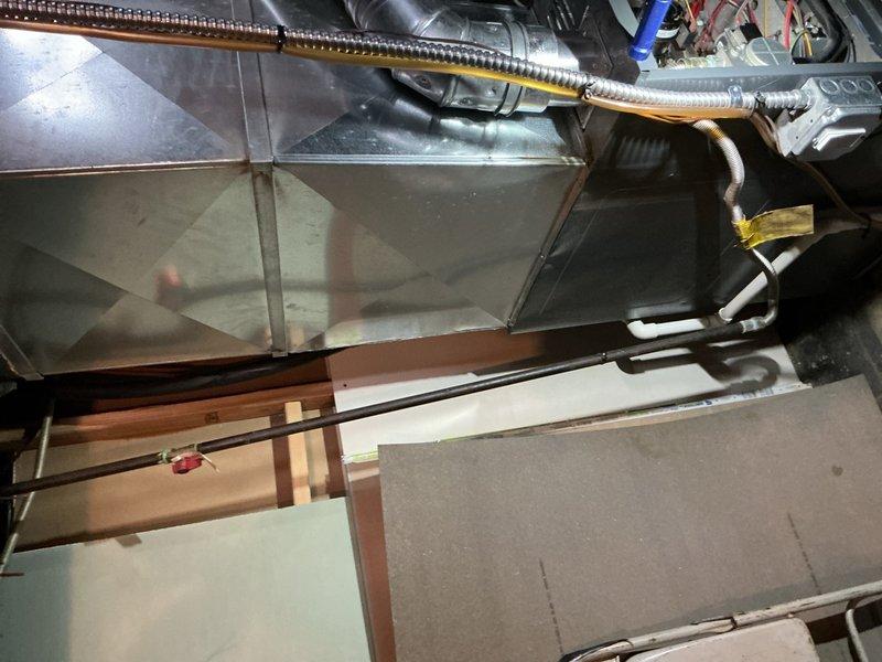 Responded to no heat complaint in a residential furnace system located in basement. Upon inspection, found flame sensor contaminated with carbon buildup causing intermittent flame failure and system shutdown. Cleaned flame sensor with emery cloth, verified proper ignition sequence, and confirmed system operation with multiple heating cycles. Unit now functioning properly with consistent flame detection and appropriate heat output.