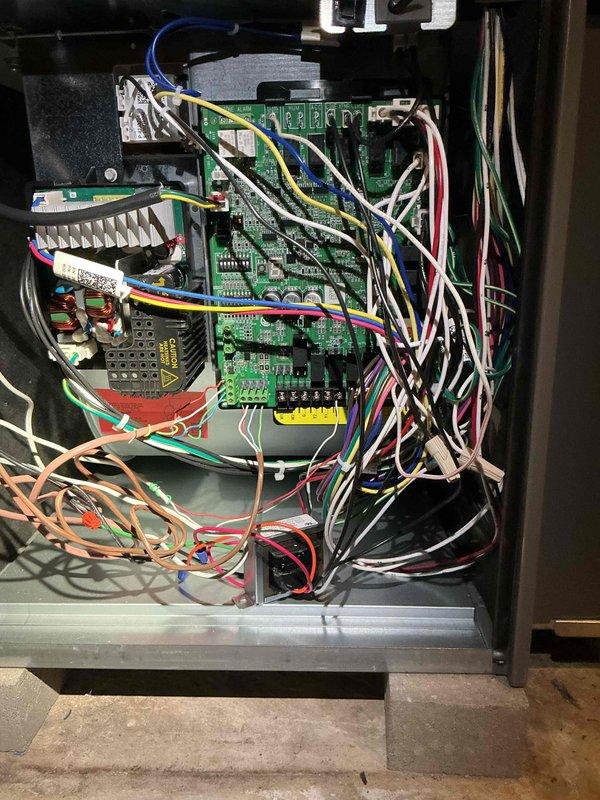 Responded to a service call for a 4-month-old furnace displaying an "immediate action needed" message and blowing cold air. Inspection revealed a faulty circuit board with disorganized wiring connections. Replaced the defective electronic control module under manufacturer warranty, restoring proper heating function and resolving the error message.