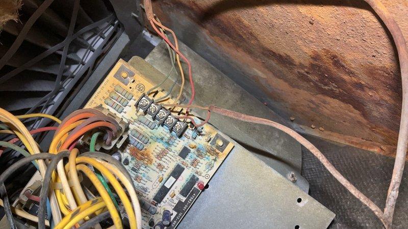 Responded to service call for a 10-year-old furnace continuously running. Diagnostic inspection revealed significant corrosion on the control board and heat exchanger, with visible oxidation on multiple components. Replaced faulty circuit board which was preventing proper cycling, restoring normal operation of the heating system.