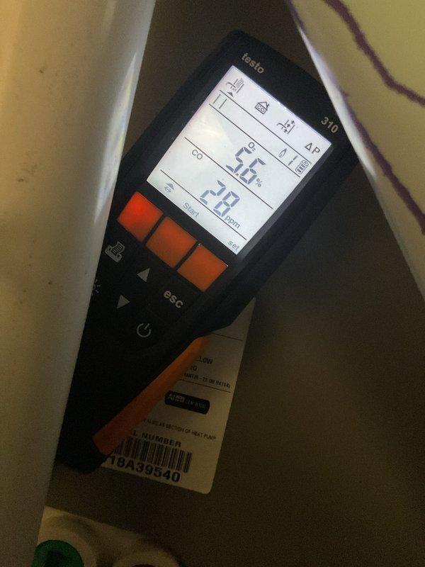 Performed tune-up service on 2018 HVAC system located in basement. Conducted comprehensive diagnostics using Testo 510 digital meter, recording temperature readings of 56°C and pressure/gas measurements of 729 ppm. Inspected and verified proper functioning of humidifier, thermostat, and hot water tank as part of routine maintenance protocol.