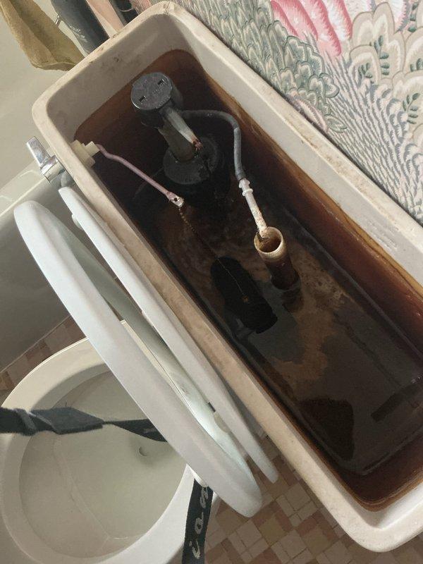 # Service Report: Toilet Repair

Responded to service call for toilet not holding water in tank. Upon arrival, inspected toilet tank and found discolored water with significant rust and mineral buildup throughout interior. Assessed internal flush valve assembly, fill valve with red cap, flapper mechanism, and overflow tube. Tank components showed signs of age and corrosion but were mechanically functional. Diagnosed issue with water retention and identified necessary repairs to restore proper tank fill and flush operation. Documented tank condition with photographs showing extent of discoloration and component wear for service records.
