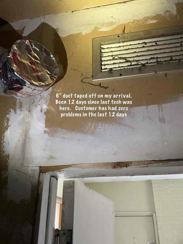 # HVAC Install - Ductwork Service Summary

Installed additional return air ductwork to improve system airflow and balance. Upon arrival, found existing flexible duct disconnected and taped off from previous service visit. Removed temporary tape seal, reconnected and secured the flexible aluminum ductwork to the return air grille boot. Adjusted the damper to half-open position to regulate airflow and optimize system performance. Verified proper connection and secure mounting of all ductwork components to complete the return air installation.