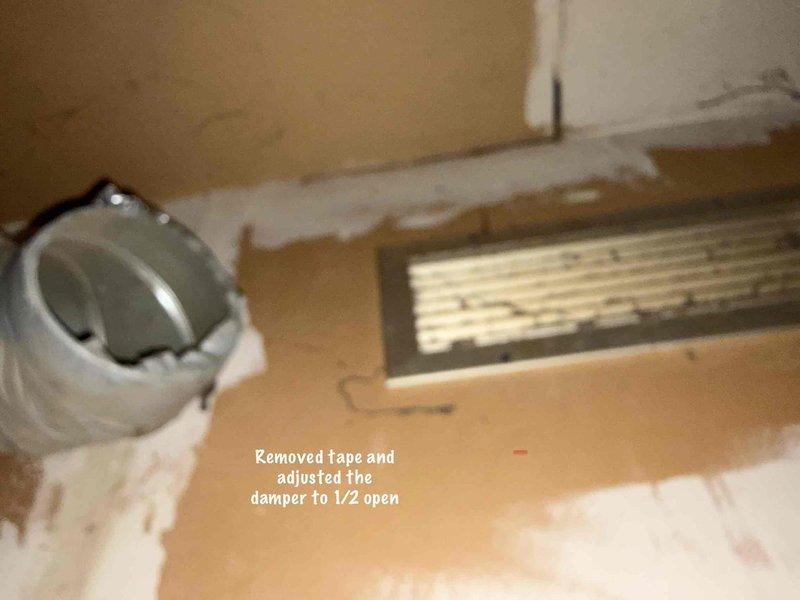 # HVAC Install - Ductwork Service Summary

Installed additional return air ductwork to improve system airflow and balance. Upon arrival, found existing flexible duct disconnected and taped off from previous service visit. Removed temporary tape seal, reconnected and secured the flexible aluminum ductwork to the return air grille boot. Adjusted the damper to half-open position to regulate airflow and optimize system performance. Verified proper connection and secure mounting of all ductwork components to complete the return air installation.