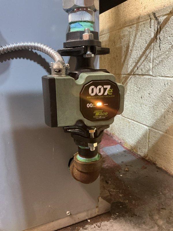 Responded to no heat call on three-year-old furnace system in basement. Upon arrival, diagnosed failed Taco 007 zone circulator pump preventing proper hydronic circulation to heating zone. Removed defective pump assembly from copper piping system and installed replacement Taco 007 circulator pump using existing brass fittings and mounting flanges. Verified proper electrical connections, tested pump operation across all speed settings, and confirmed restored heat delivery to affected zone. Inspected furnace heat exchanger during service call, noting normal dust accumulation consistent with system age. System restored to full operational status with proper circulation and heat output confirmed.