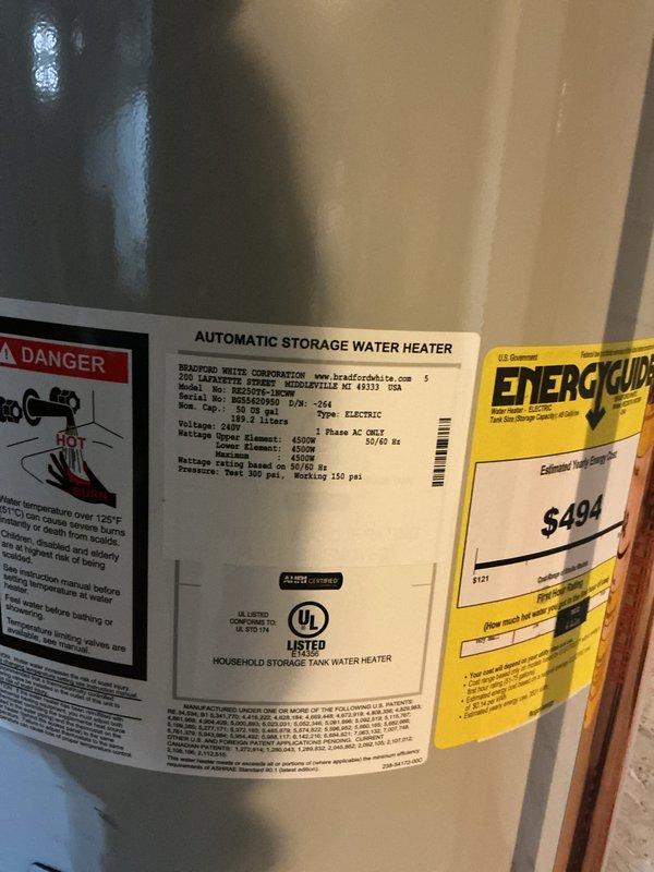 Installed a new 50-gallon Bradford White electric water heater with dual 4500-watt heating elements rated for 240/208V operation. Connected flexible supply lines and electrical service, ensuring all connections met code requirements, and submitted permit application for inspection approval.