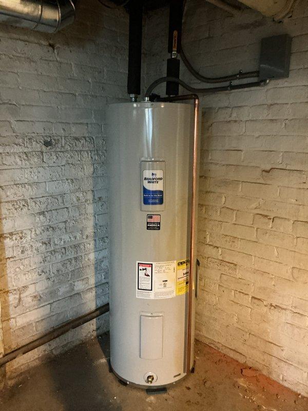 Installed a new 50-gallon Bradford White electric water heater with dual 4500-watt heating elements rated for 240/208V operation. Connected flexible supply lines and electrical service, ensuring all connections met code requirements, and submitted permit application for inspection approval.