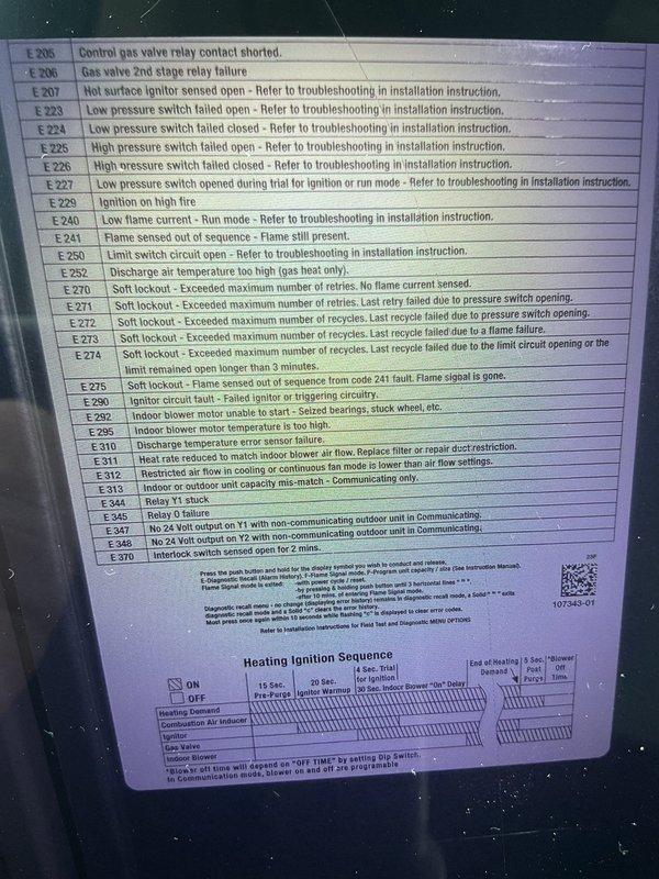 Responded to service call for 2-year-old furnace located in basement making loud noises. Performed diagnostic inspection of unit, examining control board error codes, heating ignition sequence components, and blower assembly. Inspected electrical connections, wiring harnesses, and motor assembly for loose connections or mechanical issues that could cause excessive noise during operation. Documented equipment condition with photos showing diagnostic label, internal wiring configuration, and condensate drain pan area for service records.