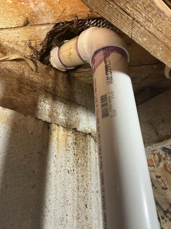 Responded to reported plumbing issues including kitchen sink drainage leaking into basement and reduced hot water flow in basement shower. Performed diagnostic inspection of basement plumbing system, examining vertical drainage lines, supply piping, and connections near laundry area. Identified compromised drain line penetration through floor joists with evidence of active water infiltration and moisture damage to surrounding structural components. Inspected shower mixing valve and supply lines, noting restriction in hot water line affecting flow rate while cold water supply maintained normal pressure. Evaluated PVC drainage system routing from upper level fixtures, observing improper sealing at floor penetration points allowing water migration during kitchen sink and dishwasher discharge cycles. Documented condition of plumbing infrastructure including corroded metal components at ceiling joists and moisture staining on concrete floor near drain assembly. Provided assessment findings 