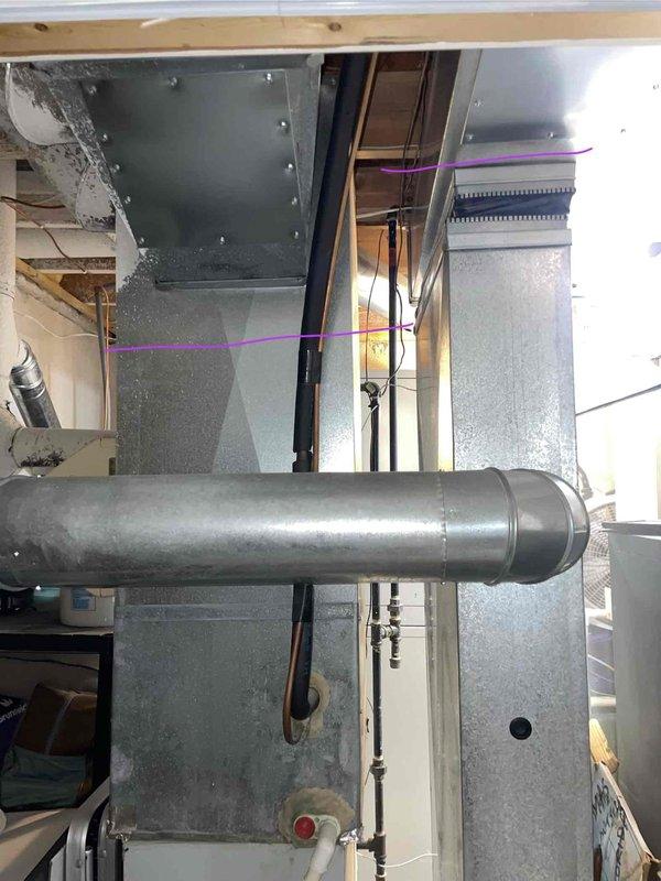 Provided comprehensive estimate for complete HVAC system replacement in basement location. Existing 30-year-old heating and air conditioning equipment has reached end of service life and requires full replacement including furnace, air conditioning unit, and associated ductwork connections. Documented current system configuration including galvanized ductwork, air handler cabinet, and mechanical room layout to ensure accurate equipment sizing and installation planning for replacement system.