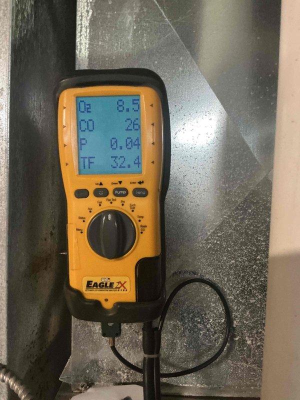 Completed preventive maintenance tune-up on basement furnace unit. Performed combustion analysis using Eagle 2X analyzer, recording oxygen levels at 8.5%, carbon monoxide at 26 ppm, draft pressure at 0.04, and flue temperature at 72.4°F. Secondary combustion test confirmed CO₂ levels at 7.0% with combustion efficiency at 96%. All readings indicate proper combustion and safe operation of heating equipment.