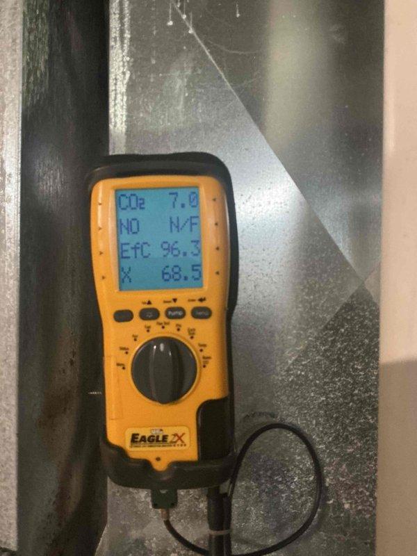 Completed preventive maintenance tune-up on basement furnace unit. Performed combustion analysis using Eagle 2X analyzer, recording oxygen levels at 8.5%, carbon monoxide at 26 ppm, draft pressure at 0.04, and flue temperature at 72.4°F. Secondary combustion test confirmed CO₂ levels at 7.0% with combustion efficiency at 96%. All readings indicate proper combustion and safe operation of heating equipment.