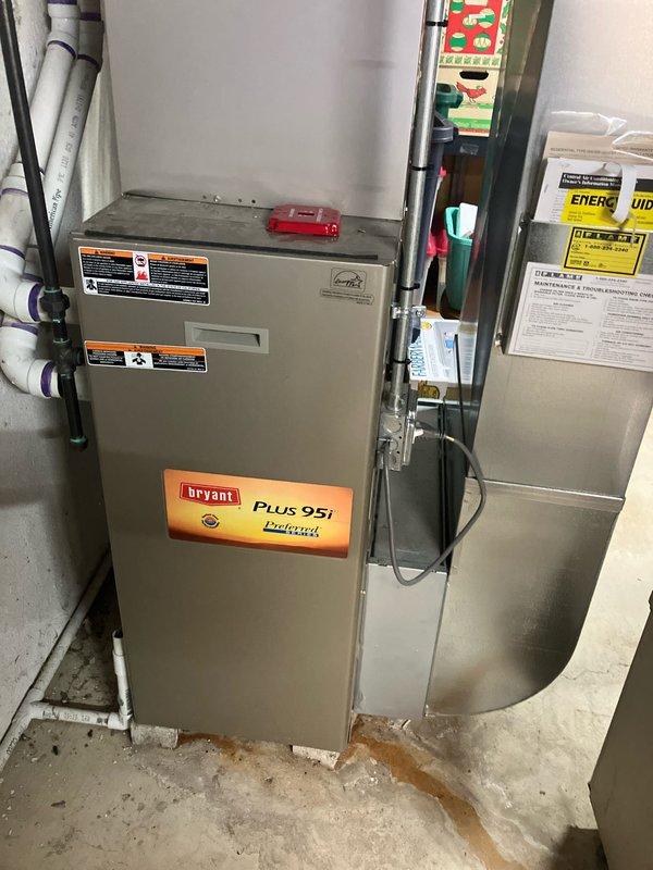 Responded to service call for furnace failing to ignite and maintain temperature setpoint. Upon inspection, diagnosed failed heat exchanger on 10+ year old Bryant Plus 95i furnace located in basement. Provided comprehensive estimate for furnace replacement and optional air conditioning system upgrade. Documented existing HVAC system configuration including ductwork, condensate drainage, and electrical connections for replacement planning.