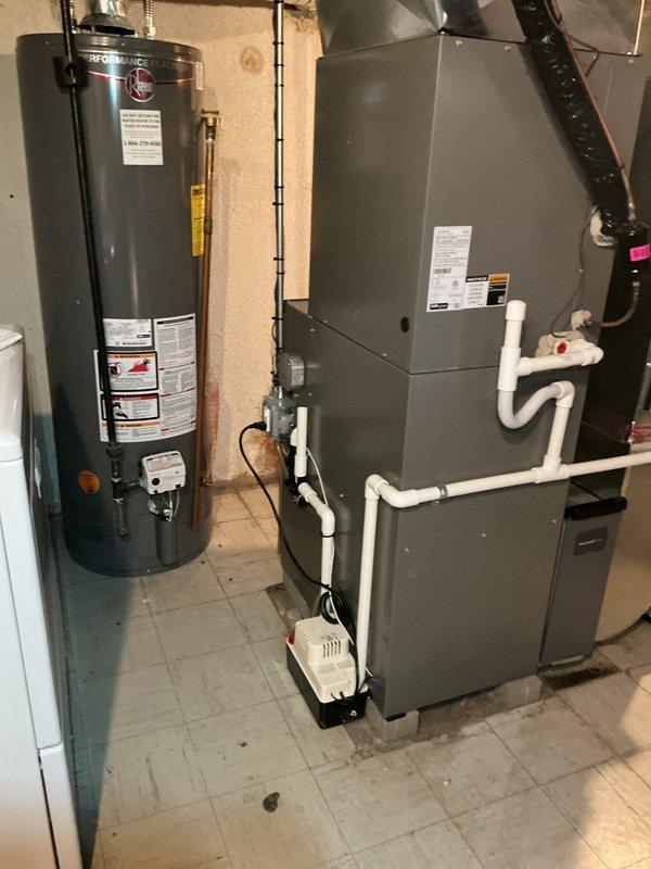 Completed comprehensive furnace tune-up and inspection on 2-year-old unit located in basement mechanical room. Performed full system evaluation including combustion analysis, heat exchanger inspection, blower motor operation, gas pressure verification, and safety control testing. Inspected and tested Emerson programmable thermostat for proper operation and calibration, verified current temperature reading of 77.1°F and confirmed all heating and cooling modes functioning correctly. Checked condensate drainage system including PVC piping and condensate pump for proper operation. Evaluated humidifier components and water supply connections. Performed visual inspection of gas-fired water heater including gas line connections, venting, and safety labels. Verified all electrical connections secure, tested furnace ignition sequence, and confirmed proper airflow through ductwork. System operating within manufacturer specifications with no deficiencies noted at time of inspection.