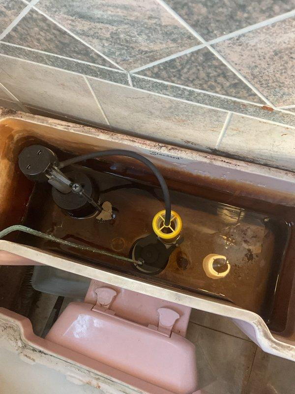 Responded to a service call for a toilet leak in the bathroom. Upon inspection, removed the tank lid and found extensive rust staining and corrosion throughout the tank interior, affecting the flush valve assembly and metal mounting components. The water exhibited brownish discoloration indicating deteriorated internal parts and hard water deposits. Diagnosed the leak source related to compromised seals and corroded hardware within the tank mechanism. Assessed the overall condition of the fixture and provided recommendations for repair or replacement based on the severity of corrosion present in the flushing system components.