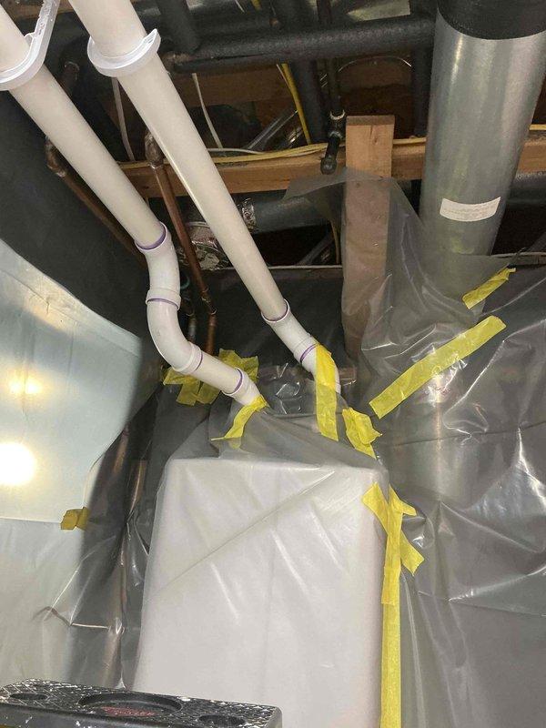 Responded to service call for Navien tankless water heater installed in October 2023 with reported flue pipe leakage and sediment buildup. Upon inspection, discovered improperly capped flue pipe from recent installation causing condensate leakage and mold growth around vent termination. Corrected venting configuration, removed sediment accumulation, cleaned affected areas, and ensured proper drainage and ventilation per manufacturer specifications to prevent future moisture issues.