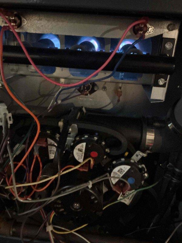 Completed comprehensive Gold Furnace Inspection on a 5-year-old forced air heating system located in the basement. Verified unit operational status with burners igniting properly and producing clean blue flames, inspected all internal components including blower motors, heat exchanger, electrical connections, and wiring harnesses for proper operation and safety compliance. Documented system condition through photographic evidence showing active combustion assembly and mechanical components in good working order, confirmed all safety controls functioning correctly, and verified unit meets manufacturer specifications for continued reliable operation.