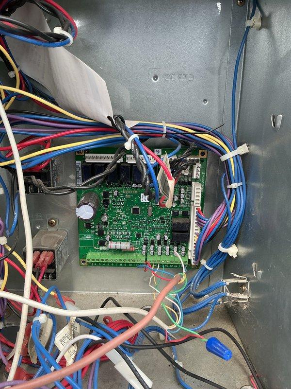 Responded to no cooling complaint on six-year-old Trane commercial rooftop unit. Upon inspection, diagnosed failed control board causing system malfunction. Replaced defective control board with OEM replacement part under existing purchase order, verified all electrical connections, and tested system operation. Unit restored to full cooling capacity with proper airflow and temperature differential confirmed.