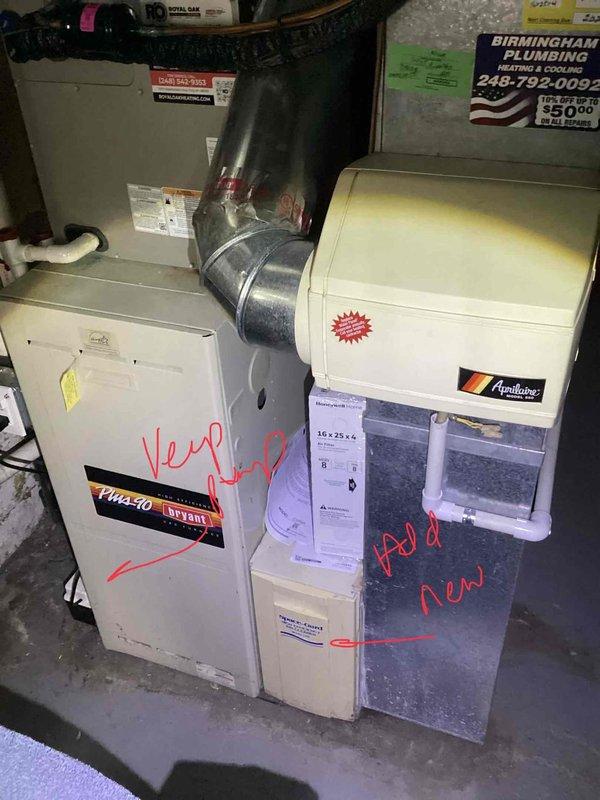 Completed estimate for replacement of 22-year-old natural gas furnace located in basement. Current Bryant furnace is operational but at end of service life. Assessed existing electrical panel, ductwork connections, and humidifier system; recommended retaining existing Aprilaire humidifier unit and integrating with new furnace installation.