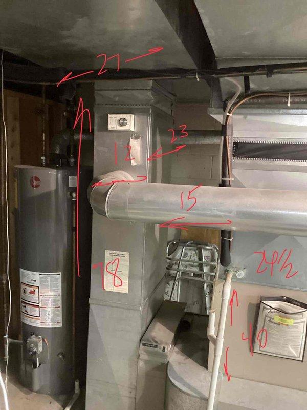 Provided estimate for replacement of gas furnace equipment at residential property with two units - one located in basement mechanical room and one in attic space. Inspected existing basement furnace installation, noting older equipment currently operational but functioning at maximum performance capacity per previous January 2026 inspection findings. Evaluated natural gas furnace system, associated ductwork, venting configuration including PVC exhaust piping, electrical connections, and clearances to water heater and surrounding utilities in confined basement installation area. Documented equipment specifications, mounting locations, and existing infrastructure to prepare comprehensive replacement proposal for both heating units.