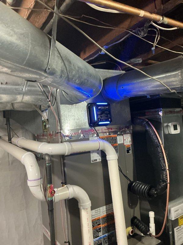 Completed system start-up and commissioning for newly installed basement evaporator coil and air handler with UV light purification system. Verified proper refrigerant line connections, condensate drain operation, and electrical connections to ensure optimal system performance. Performed GOLD preventative maintenance service on second existing AC unit located in main floor closet, confirming both systems are operating within manufacturer specifications.