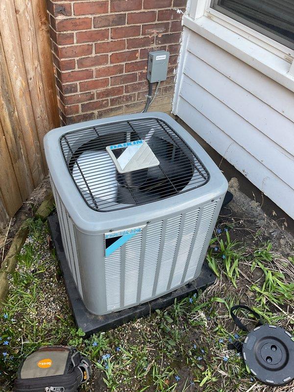 Completed comprehensive Gold AC inspection on single-unit residential system under 10 years old with air handler located in basement and condenser positioned in side yard between brick wall and vinyl siding. Performed full system evaluation including visual inspection of indoor air handler components, verified air filter condition and accessibility, inspected evaporator coil assembly, examined all ductwork connections and refrigerant lines, and assessed outdoor condenser unit for proper operation and clearance from debris. Additionally installed customer-provided thermostat as requested to complete the maintenance service, ensuring all components were functioning properly and system was operating within manufacturer specifications.