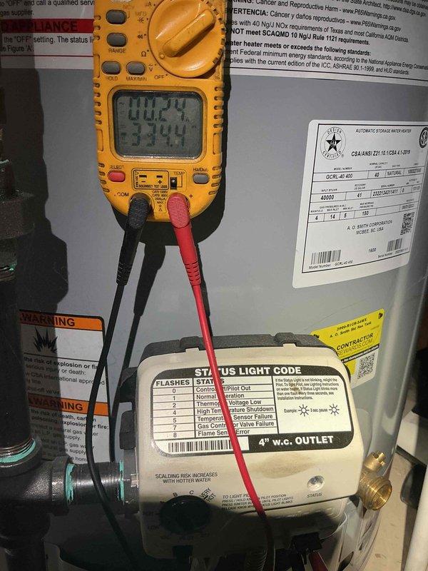 Responded to service call for 40-gallon short tanked water heater installed in October 2023. Homeowner reported recurring issue over several years where unit only produces lukewarm water after continuous use. Performed diagnostic testing on gas control valve using digital multimeter to verify proper voltage and operational status. Inspected status light code indicators and tested thermostat functionality. Evaluated recovery rate performance and burner operation to determine cause of inadequate hot water supply during extended demand periods. Documented equipment condition and valve specifications for service records.