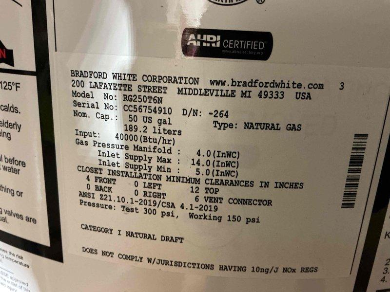 Installed a 50-gallon Bradford White natural gas water heater (Model RG250T6N) with 40,000 BTU/hr input rating. Connected copper supply lines and gas piping, established proper venting configuration, and verified all connections for safe operation. Customer utilized promotional discount and paid by check upon completion.