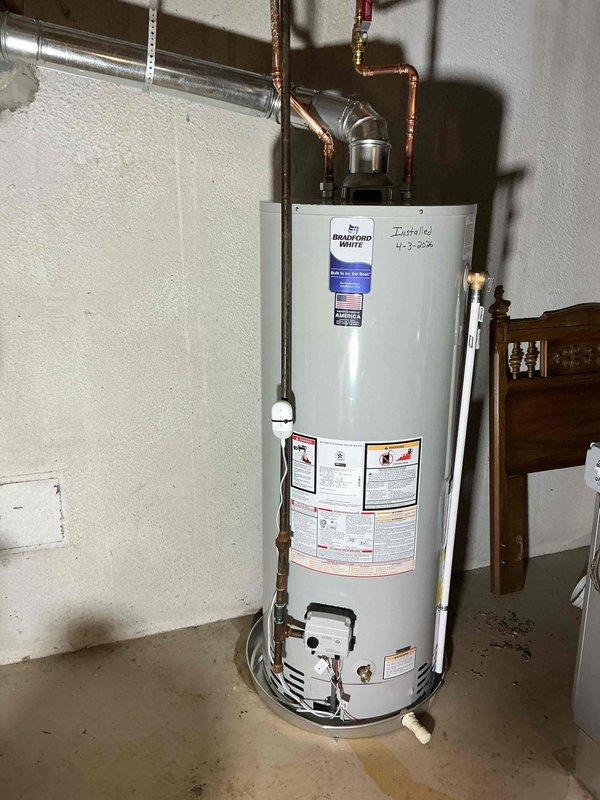 Installed a 50-gallon Bradford White natural gas water heater (Model RG250T6N) with 40,000 BTU/hr input rating. Connected copper supply lines and gas piping, established proper venting configuration, and verified all connections for safe operation. Customer utilized promotional discount and paid by check upon completion.
