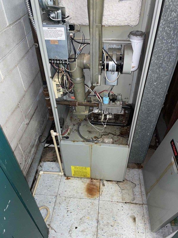 Conducted comprehensive assessment of basement HVAC system for replacement estimate including aging furnace and hot water tank. Existing natural gas furnace showing active refrigerant leaks, limited heating capacity to single room only, and significant deterioration with rust staining and accumulated debris in cabinet and base pan. Hot water tank identified as original equipment from 1990s requiring replacement. Documented condition of 15-year-old furnace installation in utility closet with open access panels revealing internal components, blower assembly, wiring, and control systems showing signs of age and wear. Photographed equipment configuration including ductwork, electrical connections, and mechanical room layout to provide accurate replacement specifications for dual-furnace residential system.