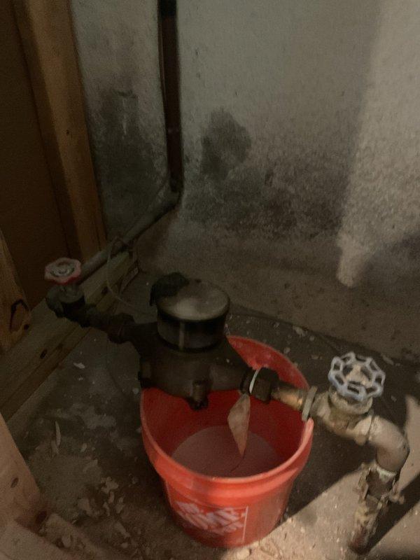 Responded to an active water leak in the basement of a 50-year-old residential property. Upon arrival, located the source of the dripping leak on the main water supply line near the utility corner. The affected area showed evidence of prolonged moisture exposure, with visible mold growth on surrounding walls and water damage to concrete flooring. 

Shut off the main water supply using the existing gate valve to stop the active leak. Assessed the brass piping system and identified a compromised section requiring immediate attention. Due to the age of the home and existing plumbing infrastructure, recommended monitoring additional sections of the supply line for potential weak points. 

The basement was undergoing renovation with materials and equipment present throughout the work area. A collection bucket had been placed beneath the leak point prior to arrival to minimize water damage. Addressed the immediate leak concern to prevent further moisture intrusion and potential exacerbation 