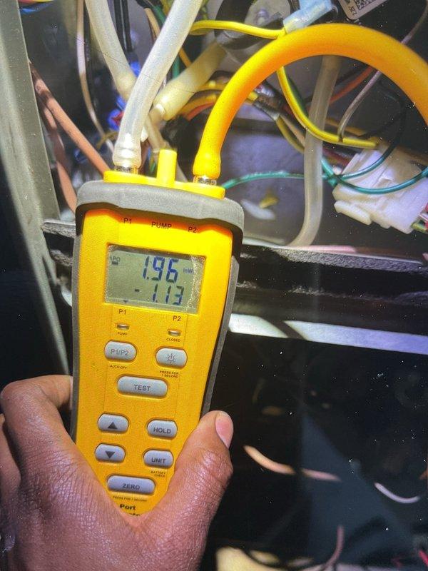 Responded to no-heat call on 5-year-old furnace in basement that failed to restart after being shut down for seasonal weather. Diagnosed issue using Nest thermostat wiring inspection and pressure testing equipment, which revealed improper thermostat configuration and confirmed system pressures at 195 PSI with -1.13 differential reading. Verified all thermostat terminal connections (Y1, Y2, G, OB, RC, W1, W2, AUX, C, RH), corrected wiring issues, and successfully restored furnace operation with all systems functioning within normal parameters.