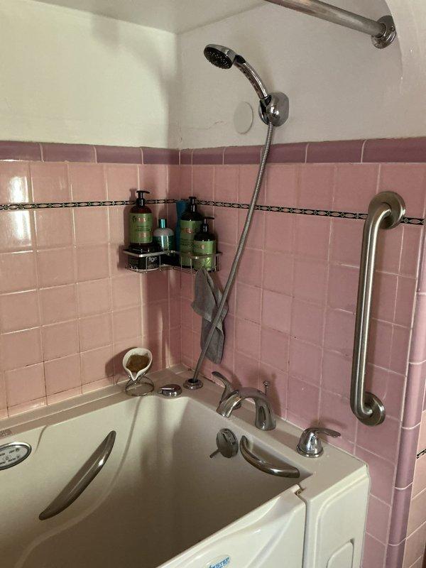 Completed comprehensive whole-home plumbing inspection of residential property. Examined all accessible plumbing fixtures, water supply lines, and drainage systems throughout the dwelling, including detailed assessment of bathroom facilities featuring walk-in accessible bathtub with grab bars, handheld shower assembly, standard two-piece toilet with visible copper supply lines, and tile surroundings. All fixtures and connections were visually inspected for proper operation, leaks, water pressure, and code compliance, with photographic documentation captured for homeowner records.