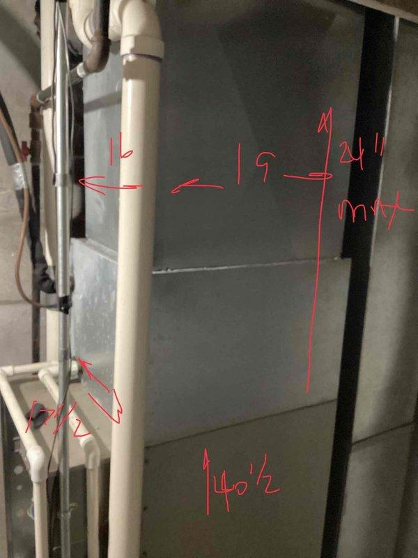 Provided estimate for furnace replacement in basement serving sunroom area. Existing 19-year-old unit experienced catastrophic failure with secondary heat exchanger and inducer motor assembly completely failed, causing loud operational noise. Documented equipment measurements and clearance requirements for replacement installation, noting 40.5-inch available space and existing venting configuration with PVC piping. Recommended basic efficiency furnace replacement suitable for property preparation prior to sale.
