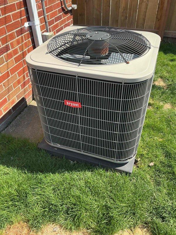 Completed comprehensive annual maintenance on 13-year-old Bryant air conditioning system located in residential backyard. Performed full AC tune-up including system inspection, cleaning of condenser coil, refrigerant charge verification using charging jacket methodology for TXV system diagnostics, electrical component testing, and operational assessment. Unit found to be in good working condition with no visible exterior damage, rust, or deterioration noted on cabinet or components; all maintenance procedures completed successfully and system returned to normal operation.