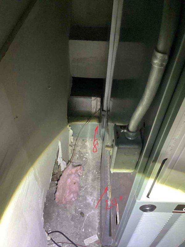 Completed comprehensive estimate inspection for furnace and air conditioning system replacement. Identified critical deficiencies including undersized return air duct system on existing furnace installation and improper equipment placement in utility room. Documented aged air conditioning unit requiring replacement. Assessed ductwork showing deterioration with visible tape repairs, inadequate insulation, and structural concerns in crawlspace area. Noted compromised building envelope with damaged drywall, exposed insulation, and flooring deterioration affecting system performance. Provided recommendations for proper furnace installation with correctly sized return air system, complete air conditioning replacement, and correction of existing installation deficiencies to meet code requirements and manufacturer specifications.