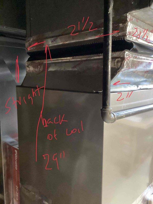 Completed estimate for full HVAC system replacement including outdoor condensing unit and basement-located air handler with natural gas furnace. Current 10+ year old equipment is operational but requires replacement due to age and efficiency concerns. Documented existing system configuration including ductwork measurements, coil access points, and exterior unit positioning on concrete pad, noting unit requires leveling adjustment for proper installation of replacement equipment.