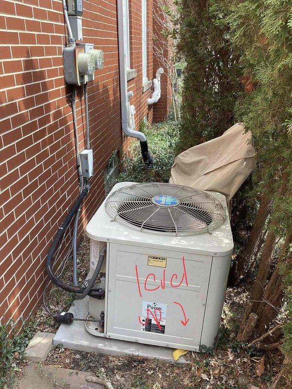 Completed estimate for full HVAC system replacement including outdoor condensing unit and basement-located air handler with natural gas furnace. Current 10+ year old equipment is operational but requires replacement due to age and efficiency concerns. Documented existing system configuration including ductwork measurements, coil access points, and exterior unit positioning on concrete pad, noting unit requires leveling adjustment for proper installation of replacement equipment.