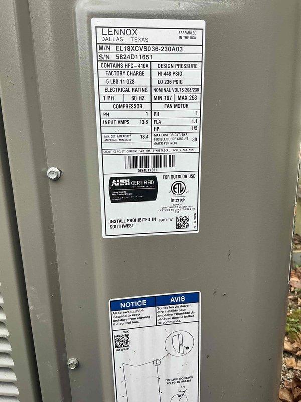 # HVAC Maintenance - Gold AC Inspection

Completed comprehensive Gold AC inspection on a single-zone residential air conditioning system with basement-located air handler. Inspected Lennox EL18XCV5036 outdoor condensing unit utilizing HFC-410a refrigerant with 5 lbs 11 oz factory charge. Unit is less than 10 years old and was confirmed operational upon arrival.

Performed thorough visual examination of outdoor condenser unit, verifying proper installation, secure mounting, and clearance from obstructions. Inspected fan assembly and protective grille for proper operation and structural integrity. Verified manufacturer labels and serial number documentation (5824D11851) were intact and legible. Examined electrical connections and confirmed unit specifications: single phase, 60 Hz operation with appropriate voltage ratings.

Assessed condenser coil condition through louvered panels, checking for debris accumulation, damage, or airflow restrictions. Confirmed surrounding area was clear of 