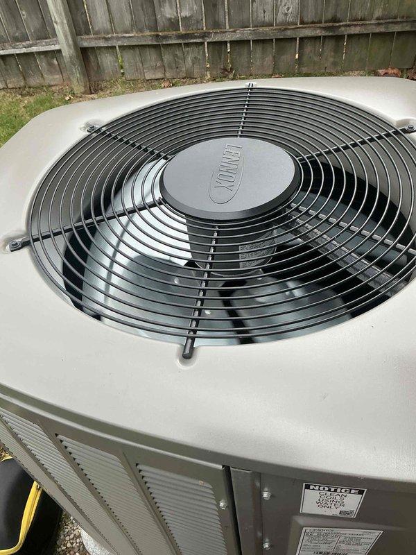 # HVAC Maintenance - Gold AC Inspection

Completed comprehensive Gold AC inspection on a single-zone residential air conditioning system with basement-located air handler. Inspected Lennox EL18XCV5036 outdoor condensing unit utilizing HFC-410a refrigerant with 5 lbs 11 oz factory charge. Unit is less than 10 years old and was confirmed operational upon arrival.

Performed thorough visual examination of outdoor condenser unit, verifying proper installation, secure mounting, and clearance from obstructions. Inspected fan assembly and protective grille for proper operation and structural integrity. Verified manufacturer labels and serial number documentation (5824D11851) were intact and legible. Examined electrical connections and confirmed unit specifications: single phase, 60 Hz operation with appropriate voltage ratings.

Assessed condenser coil condition through louvered panels, checking for debris accumulation, damage, or airflow restrictions. Confirmed surrounding area was clear of 