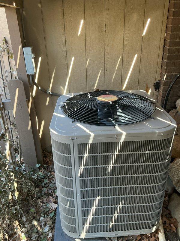 Completed comprehensive Gold AC inspection on 6-year-old residential split system with basement-mounted air handler. Performed full system evaluation including thermostat operation verification, condenser unit inspection, electrical disconnect examination, and visual assessment of all accessible components. Unit found operating properly with thermostat maintaining programmed temperature settings, outdoor condenser showing clean coils and proper airflow, and all safety controls functioning as designed.