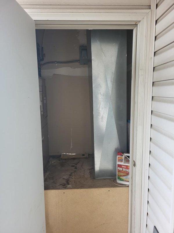 Completed on-site assessment for Magic Pack heating and cooling unit replacement in owner-occupied apartment with balcony-mounted equipment of unknown age. Documented existing HVAC system configuration, including interior utility space connections, ductwork layout, water heater proximity, gas line routing, and electrical panel location. Provided comprehensive replacement quote based on current equipment condition and installation requirements.
