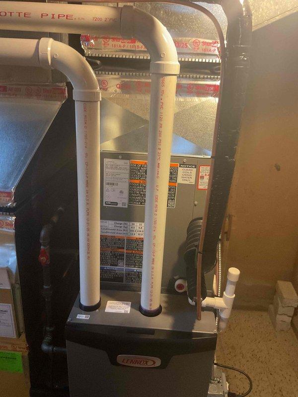 Performed system startup and commissioning on recently installed Lennox HVAC system. Verified proper operation of outdoor condenser unit with fan motor running smoothly, confirmed refrigerant line connections secure with proper insulation, and inspected indoor air handler installation in conditioned space. Checked electrical connections at disconnect, verified condensate drain lines properly routed and operational, confirmed all manufacturer labels and specifications visible for future reference. System startup completed successfully with all components functioning within normal operating parameters.