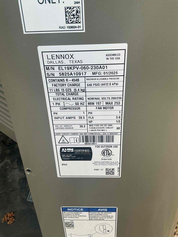 Responded to service call for outdoor condenser unit making unusual noises. Performed comprehensive AC startup procedure on 4-year-old Lennox EL19KPV-060-230A01 system containing R-454B refrigerant. Inspected outdoor condenser unit, verified proper operation of all components, checked refrigerant charge levels, and confirmed system is functioning within manufacturer specifications with no abnormal sounds detected upon completion.