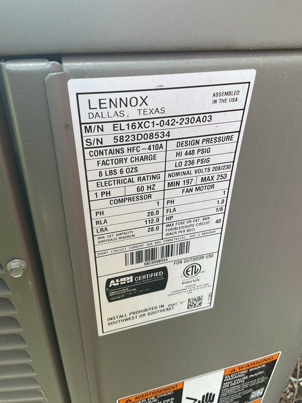 Completed annual preventative maintenance on a 2-year-old Lennox EL16XC1-042-230A03 air conditioning system containing HFC-410A refrigerant with factory charge of 8 lbs 6 oz. Performed comprehensive inspection of outdoor condensing unit including visual examination of cabinet condition, louver vents, and fan assembly. Verified electrical connections at disconnect box and conduit routing. Inspected unit placement on concrete pad and surrounding area. Documented manufacturer specifications including design pressures (HI 448 PSIG, LO 235 PSIG), electrical ratings (208/230V, 60 Hz), and compressor specifications (PH 20.0, RLA 112.0, LRA 28.0). System operating within normal parameters with no deficiencies noted. Unit maintained AHRI certification standards and proper ETL safety compliance.